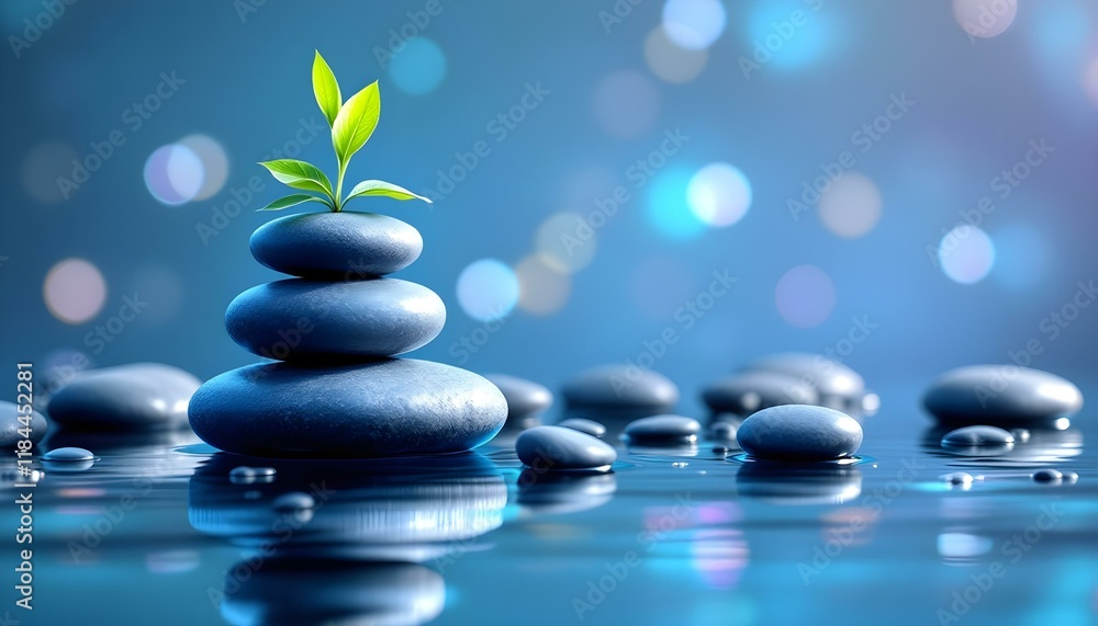 Zen stones pyramid on the water surface, green leaves over it. Balancing spa stones on the water surface. Spa composition with stones and nature. Perfect for wellness, meditation and spa design