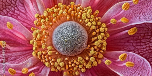 Pollen grains and anther of a flower examined under a microscope, showcasing the intricate details of pollen grains for educational purposes in a scientific context.