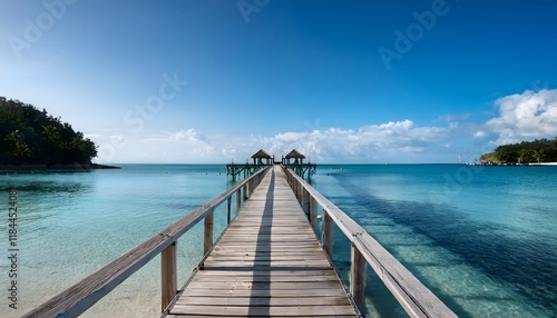 Tropical Island Paradise Wooden Pier Azure Ocean Beach Scene