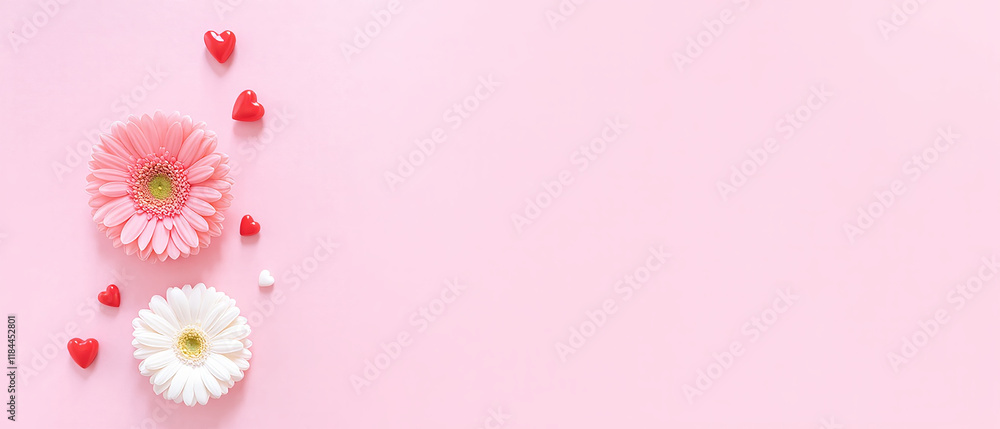Valentine's Day background with white and pink flowers and hearts on pastel pink background. Generative AI Valentine's Day background with white and pink flowers and hearts on pastel pink background. Generative AI