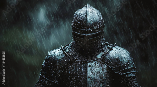 A knight stands in the middle of a storm, rain pouring down, lightning flashing in the distance, his stance unyielding as he faces the coming battle.