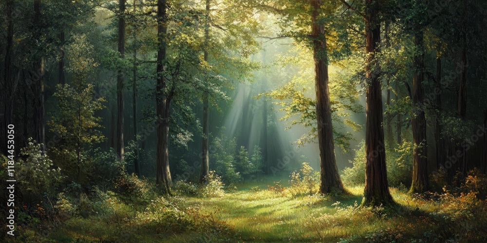 Fototapeta premium A serene forest illuminated by morning sunlight streaming through the trees highlights the beauty of nature and a sense of calmness and tranquility.