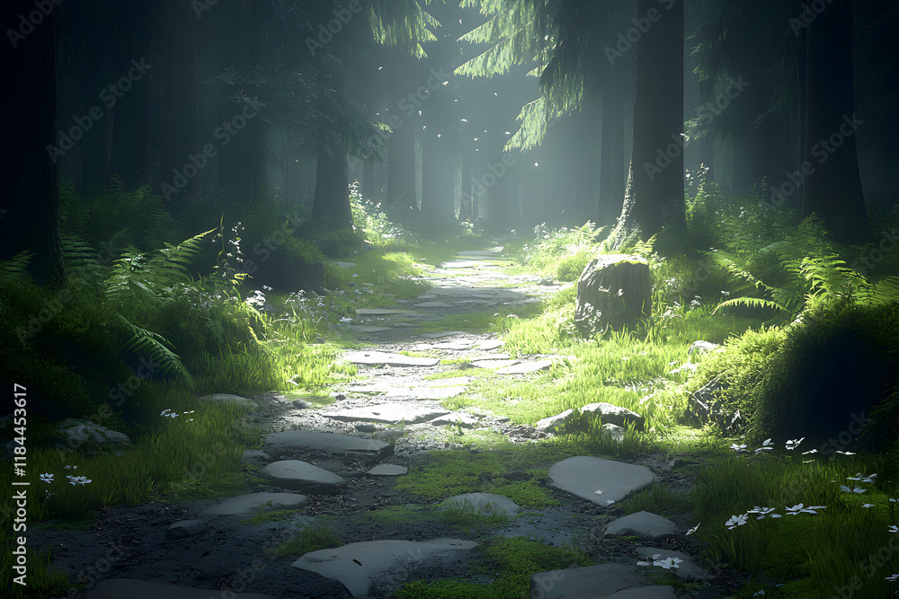 Fototapeta premium Mystical forest path, sunlight filtering through trees, stone walkway, lush greenery, ferns, wildflowers, tranquil scene, magical atmosphere, peaceful nature.