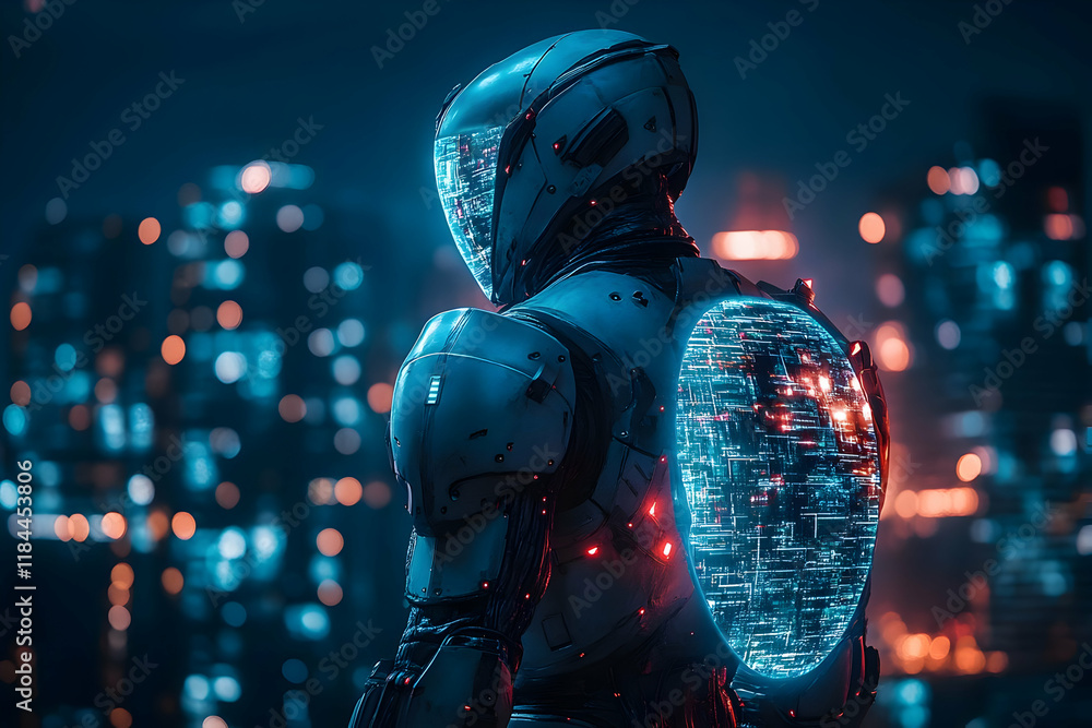 Futuristic Robot in Glowing City at Night. Cyberpunk Sci-Fi Concept. Digital Art Futuristic Robot in Glowing City at Night. Cyberpunk Sci-Fi Concept. Digital Art