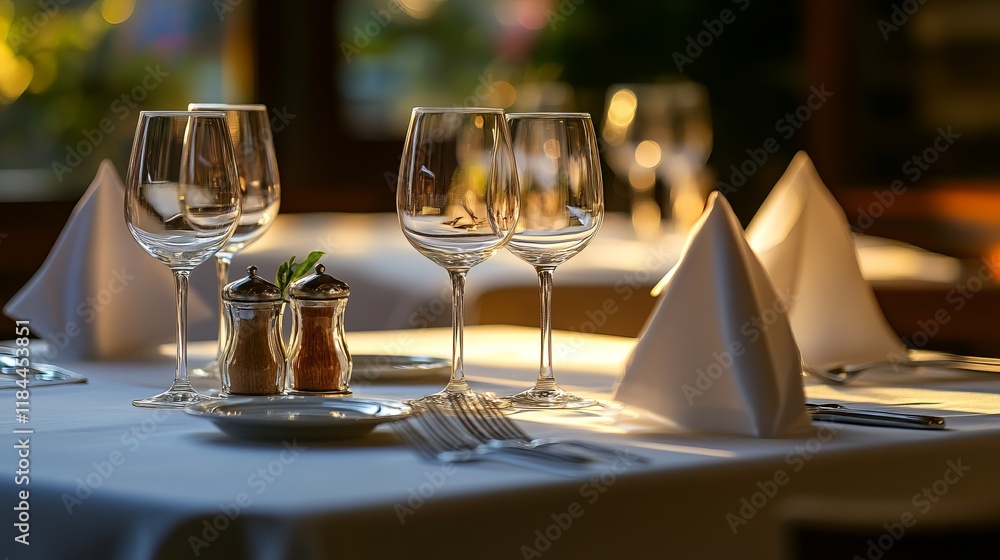 Elegant Dining Table Set with Crisp White Tablecloth and Soft Ambient Lighting Creating Warm Atmosphere Elegant Dining Table Set with Crisp White Tablecloth and Soft Ambient Lighting Creating Warm Atmosphere