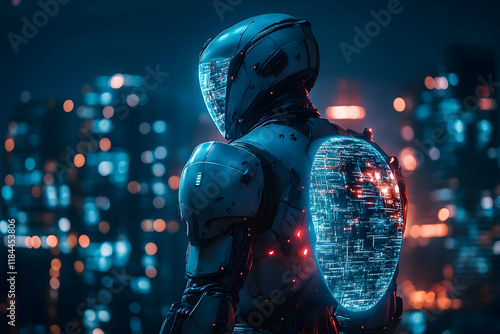 Futuristic Robot in Glowing City at Night. Cyberpunk Sci-Fi Concept. Digital Art