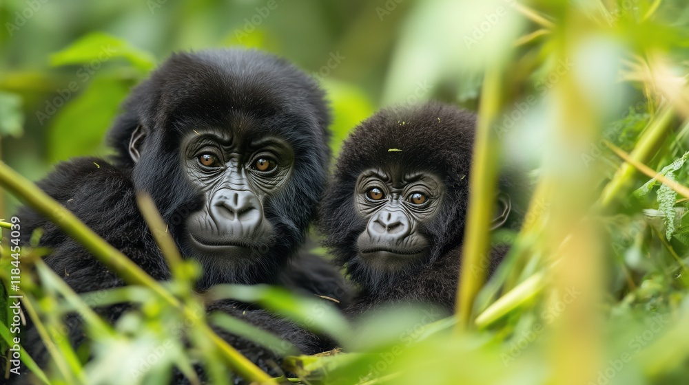 Obraz premium A Couple of Two Gorillas Sitting Next to Each Other in the Woods - Generative AI