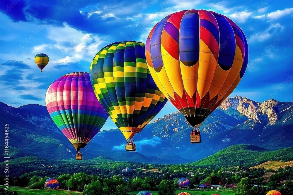 Fototapeta premium Brightly colored balloons drift peacefully in the clear morning air above the mountains.