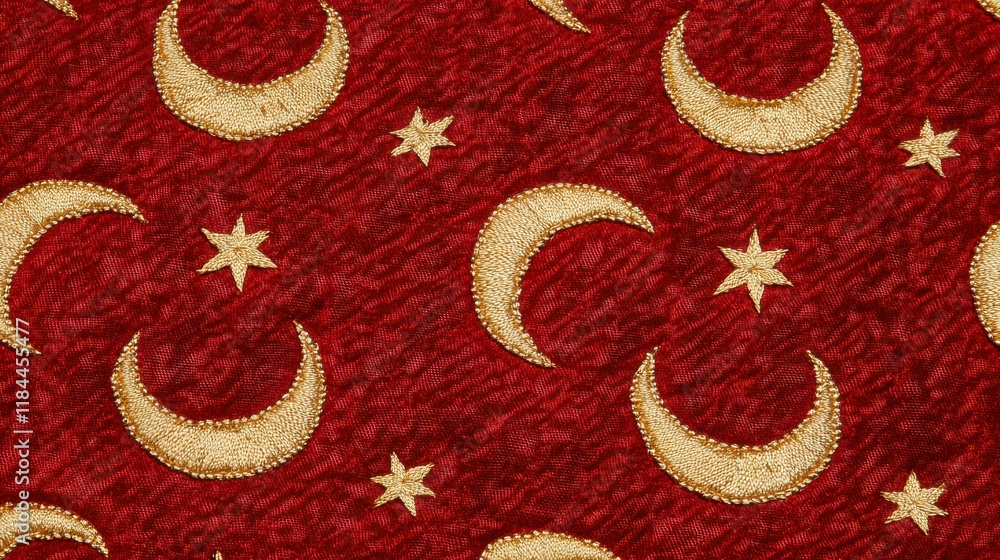 Golden Crescent Moons and Stars Pattern on Red Background Fabric Golden Crescent Moons and Stars Pattern on Red Background Fabric