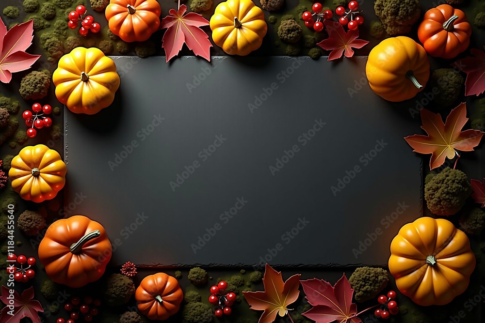 Fototapeta premium Festive Autumn Frame with Pumpkins, Vibrant Leaves, Berries, and Pinecones for Seasonal Decorations