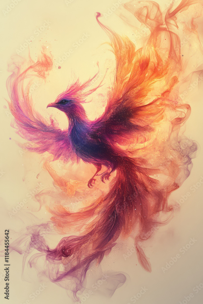 Fototapeta premium Glittering pink and purple phoenix emerging from subtle abstract smoke, suspended on a plain beige backdrop,