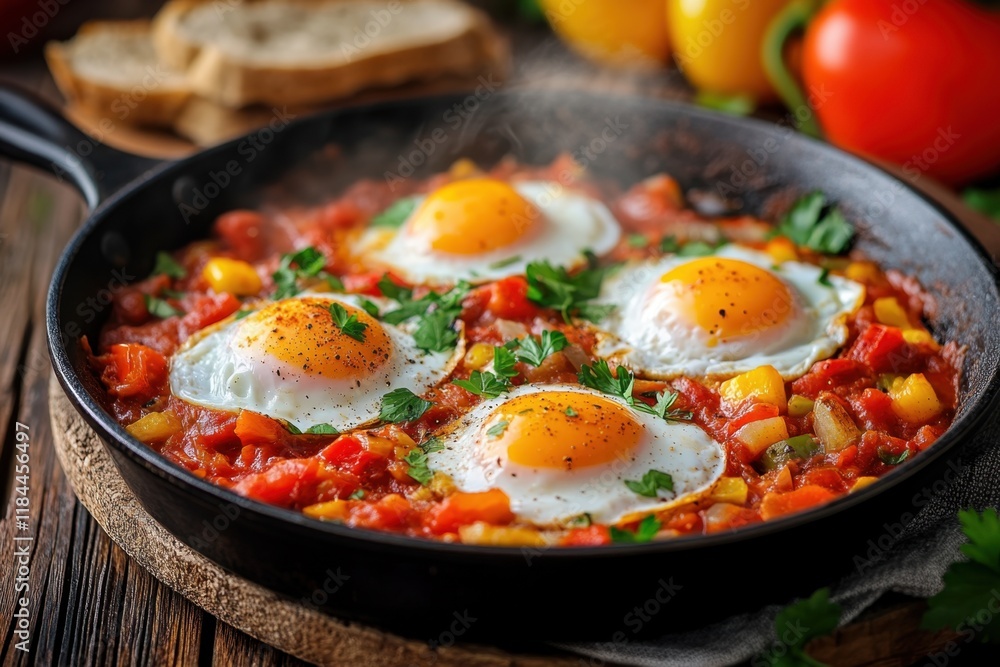 Sizzling skillet of vibrant Arabian shakshuka, poached eggs in rich tomato sauce with onions, bell peppers, cumin, and paprika Sizzling skillet of vibrant Arabian shakshuka, poached eggs in rich tomato sauce with onions, bell peppers, cumin, and paprika