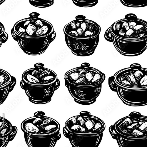 Collection of Beef Bourguignon icons, Beef Bourguignon vectorized seamless pattern