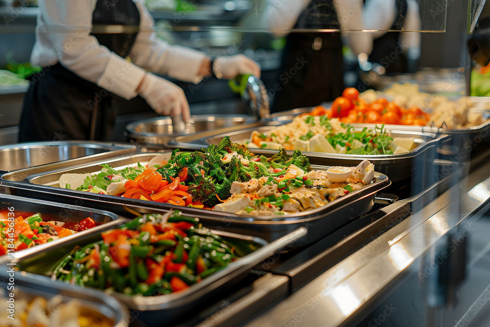 Obraz premium Vibrant College Canteen and Professional Kitchen Setup for School and University Dining cooking place, Generative AI