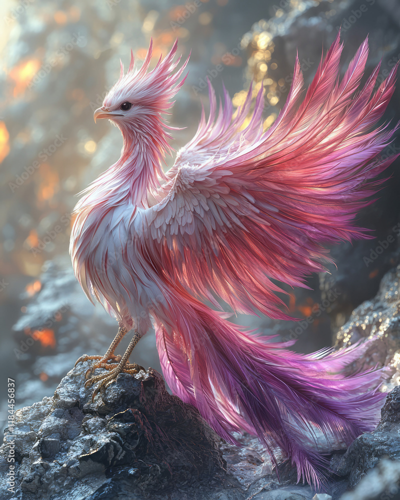 Fototapeta premium Phoenix-like bird with striking hot-pink plumage fading into violet flames, centered on a neutral stone backdrop,