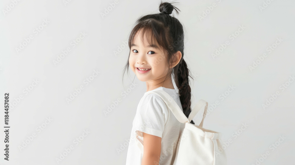 Cheerful 5-year-old Asian girl holding canvas bag and smiling, AI generative Cheerful 5-year-old Asian girl holding canvas bag and smiling, AI generative