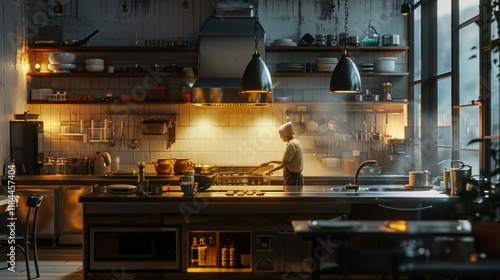 Chef working in the kitchen preparing a meal with focus, AI generative photo