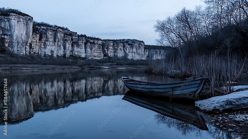 Serene River Landscape: Boat at Dusk, Calm Waters Reflecting Limestone Cliffs Serene River Landscape: Boat at Dusk, Calm Waters Reflecting Limestone Cliffs