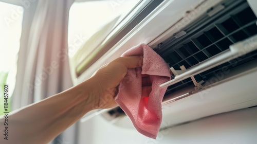 Worker cleaning air conditioning unit with microfiber cloth at home, AI generative photo