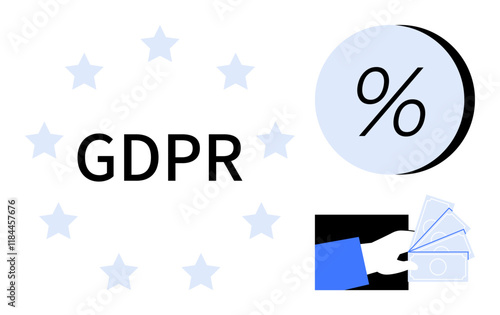 GDPR text inside star circle, percentage symbol, hand with money. Ideal for data protection, security, compliance, European regulation, privacy, law, digital policies. Line metaphor