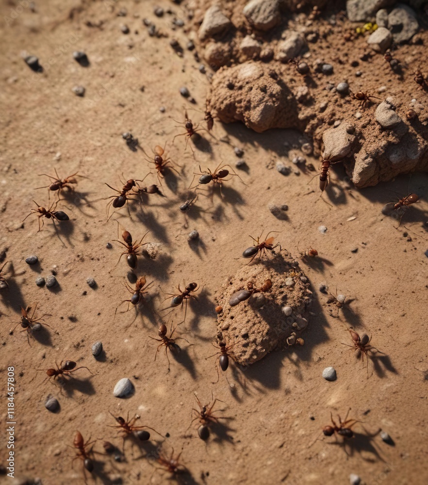 Obraz premium Aerial view of ants carrying food and debris back to their anthill, aerial view, intricate details, anthill