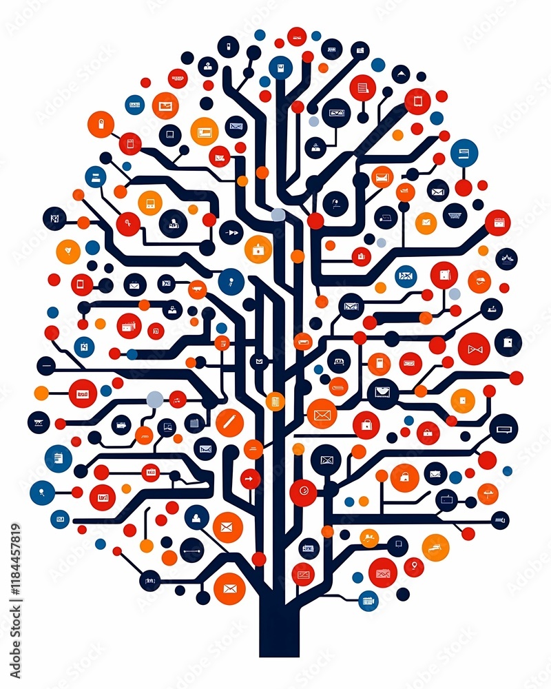 Obraz premium A stylized tree design made of circuit patterns and colorful icons, symbolizing technology and connectivity.