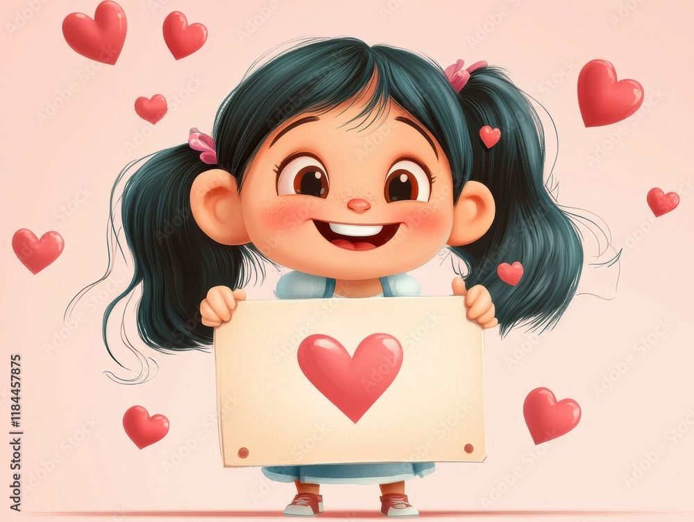 Charming cartoon girl with hearts in a playful digital art environment Charming cartoon girl with hearts in a playful digital art environment