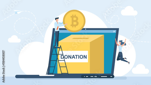 Donation via laptop in cryptocurrency. Working from laptop. Bitcoins or cryptocurrencies. Blockchain, cryptocurrency concept. Bitcoin saving or accumulation of money, investment. Vector illustration