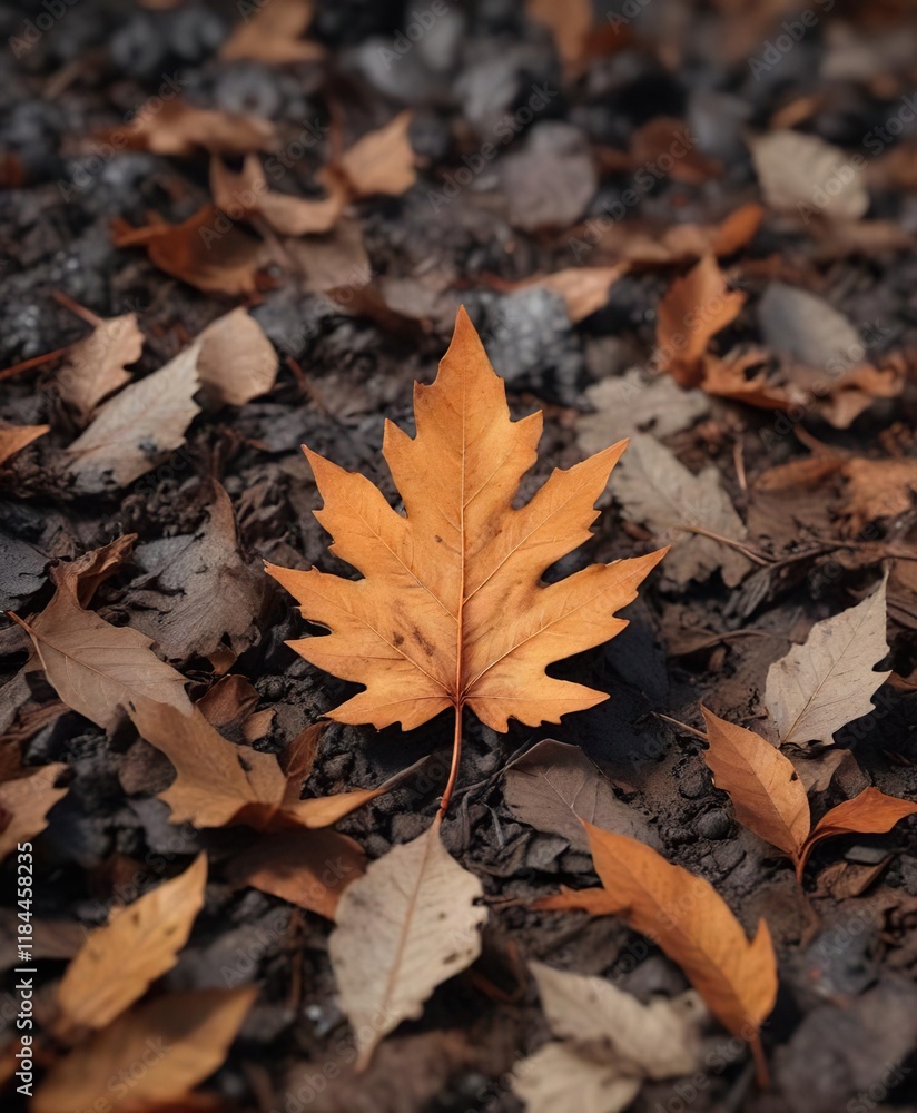 A single oak leaf burning steadily amidst a mound of dry brown leaves and glowing hot ashes , natural world, embers A single oak leaf burning steadily amidst a mound of dry brown leaves and glowing hot ashes , natural world, embers