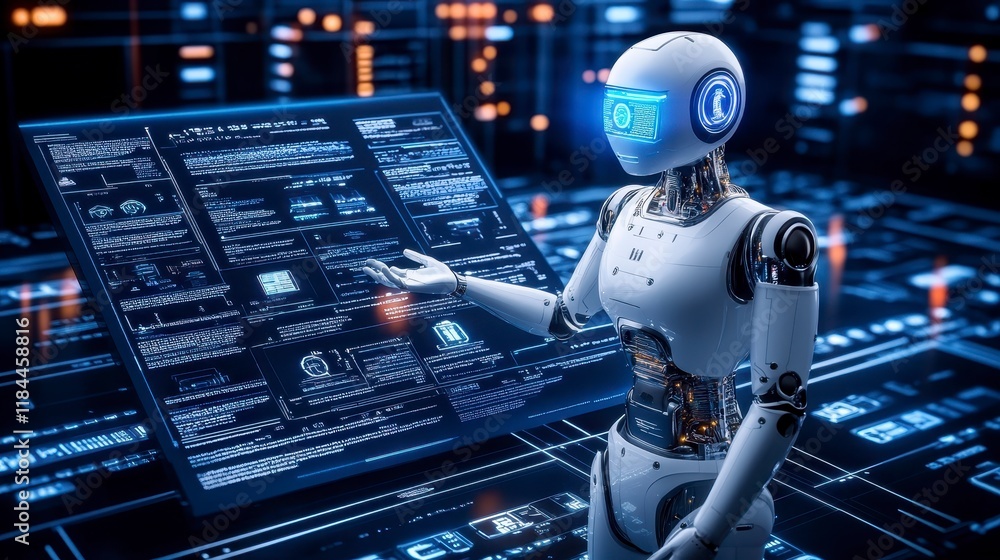 Futuristic Robot Presenting Data on Holographic Screen AI Technology Digital Innovation Futuristic Robot Presenting Data on Holographic Screen AI Technology Digital Innovation