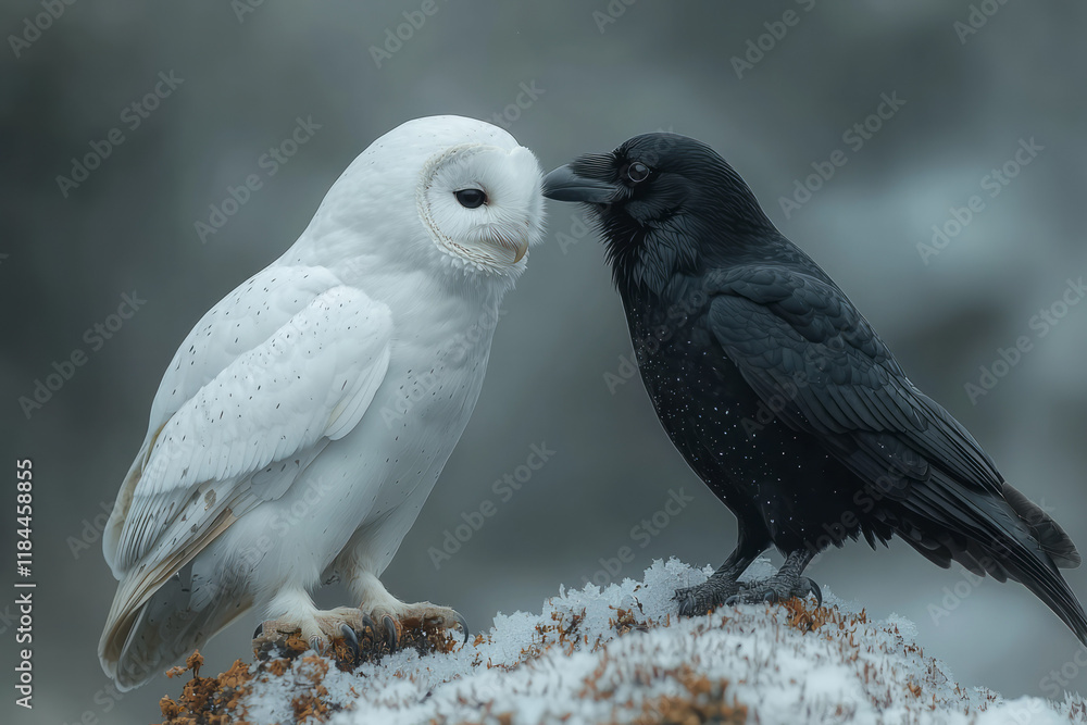 Fototapeta premium A thoughtful white owl dipping its head toward a quiet black crow, perched on a muted gray setting,