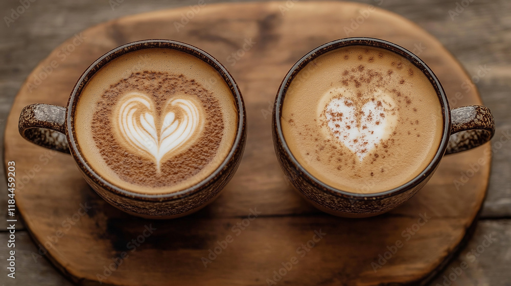 Two cups of cappuccino with latte art on wooden table. Morning coffee for couple in love. Top view. Two cups of cappuccino with latte art on wooden table. Morning coffee for couple in love. Top view.