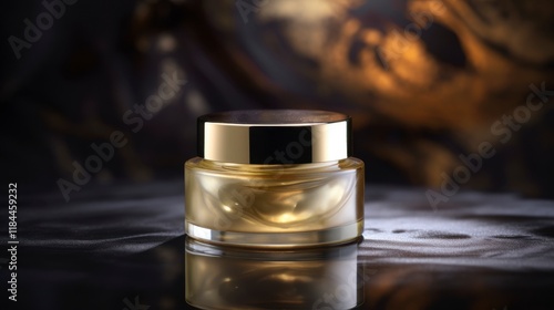 A single matte gold skincare jar with a sleek design and no label, sitting on a reflective surface that mirrors its luxurious finish.