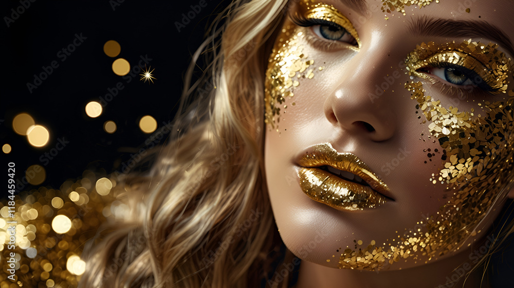This makeup creation is a dazzling art masterpiece, seamlessly blending shimmering gold tones to create a breathtakingly beautiful image. Each particle of glitter reflects the light. This makeup creation is a dazzling art masterpiece, seamlessly blending shimmering gold tones to create a breathtakingly beautiful image. Each particle of glitter reflects the light.