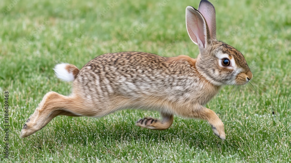 Fototapeta premium A Small Rabbit Running Across a Green Grassy Field - Generative AI