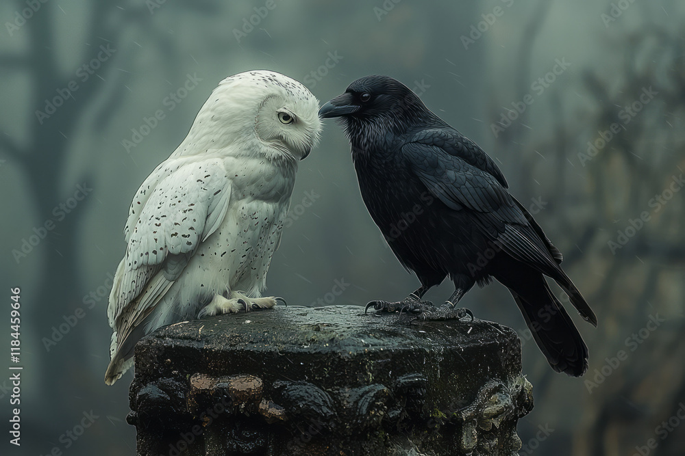 Obraz premium A thoughtful white owl dipping its head toward a quiet black crow, perched on a muted gray setting,