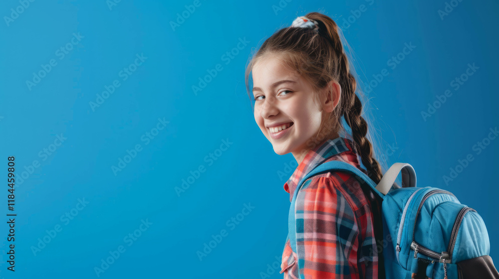 Cheerful schoolgirl posing confidently against a blue backdrop, AI generative. Cheerful schoolgirl posing confidently against a blue backdrop, AI generative.