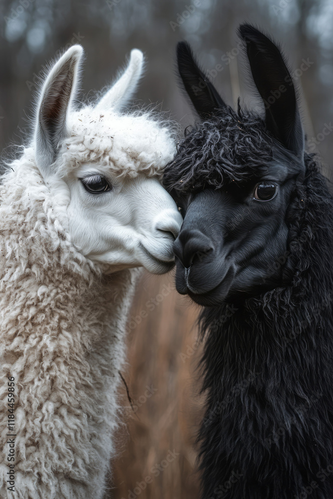 Obraz premium A white alpaca gently bending its neck toward a refined black llama, centered on a calm gray canvas,