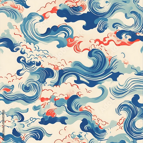 Serene Blue Waves: An Elegant Asian-Inspired Watercolor Design