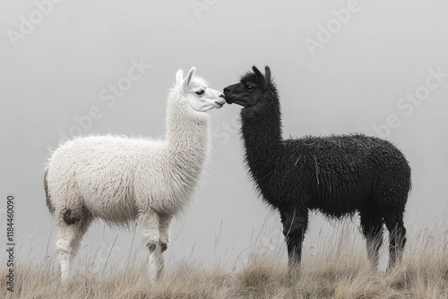 A tall white llama dipping its head humbly to a smooth black alpaca on a monochrome gray background, photo