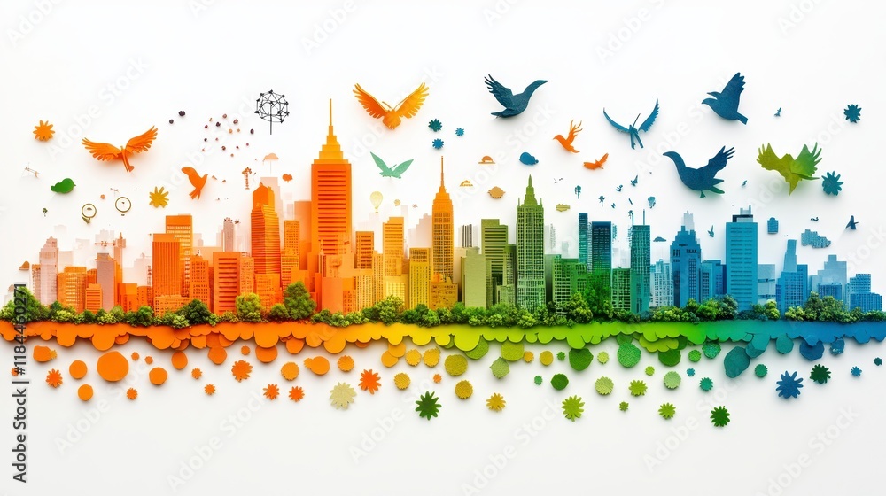 Fototapeta premium Vibrant Cityscape with Papercut Birds and Floral Elements Eco Friendly Urban Design Concept