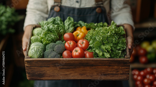 A person holding an open box of fresh vegetables and fruits, including tomatoes, lettuce, beets, lemons, asparagus, carrots, 