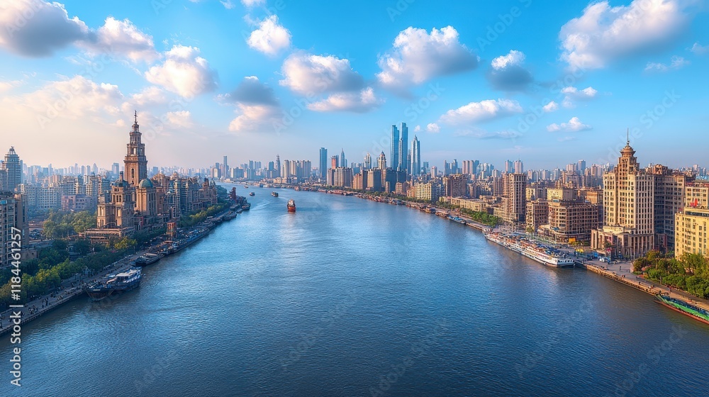 Fototapeta premium Stunning Panoramic View of City Skyline with River Boats and Buildings