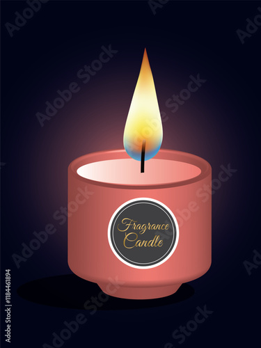 3D Fragrance Candle and Flame. Burning wax candle. Vector isolated on gradient background ,Eps 10 vector illustration.
