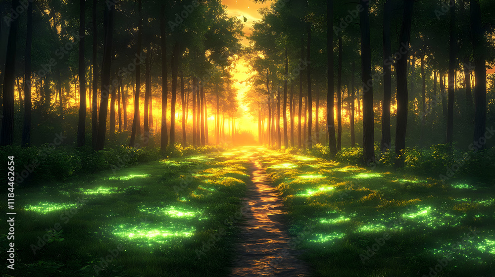 Fototapeta premium Magical Forest Path at Sunset with Glowing Green Lights