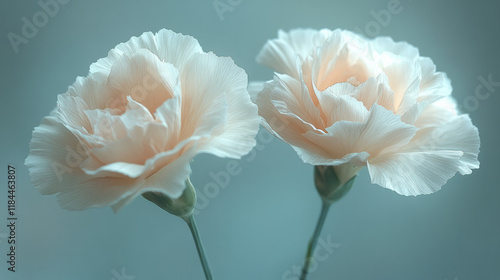 A pair of withered carnations on tall stems, edges curling slightly into a dove-gray haze, photo