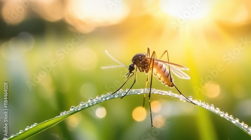 A Mosquito Sitting on Top of a Blade of Grass With Dew Drops on It - Generative AI photo