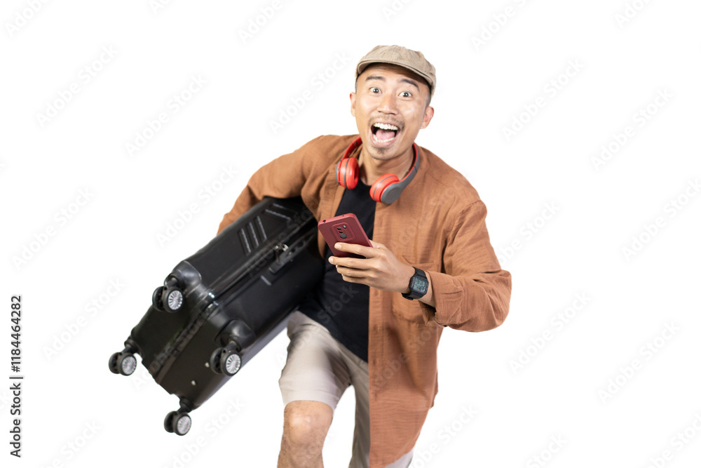 Indonesian male backpacker in a hurry carrying a suitcase while traveling, isolated on white background. Indonesian male backpacker in a hurry carrying a suitcase while traveling, isolated on white background.