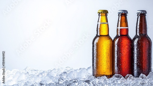 Cold craft beers in bottles surrounded by ice ready for summer enjoyment photo