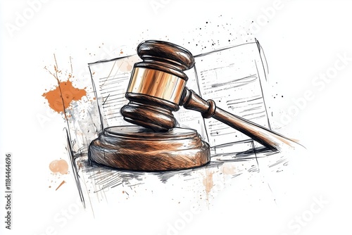Wooden gavel resting on legal documents symbolizing justice and law